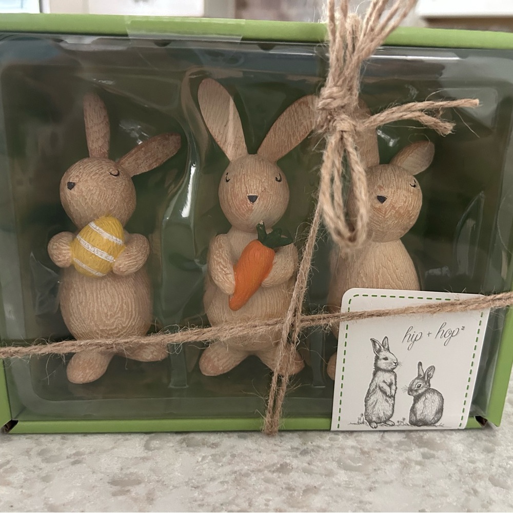 “New” Wooden Bunny Figurine Set - Natural with Yellow & Orange Accents